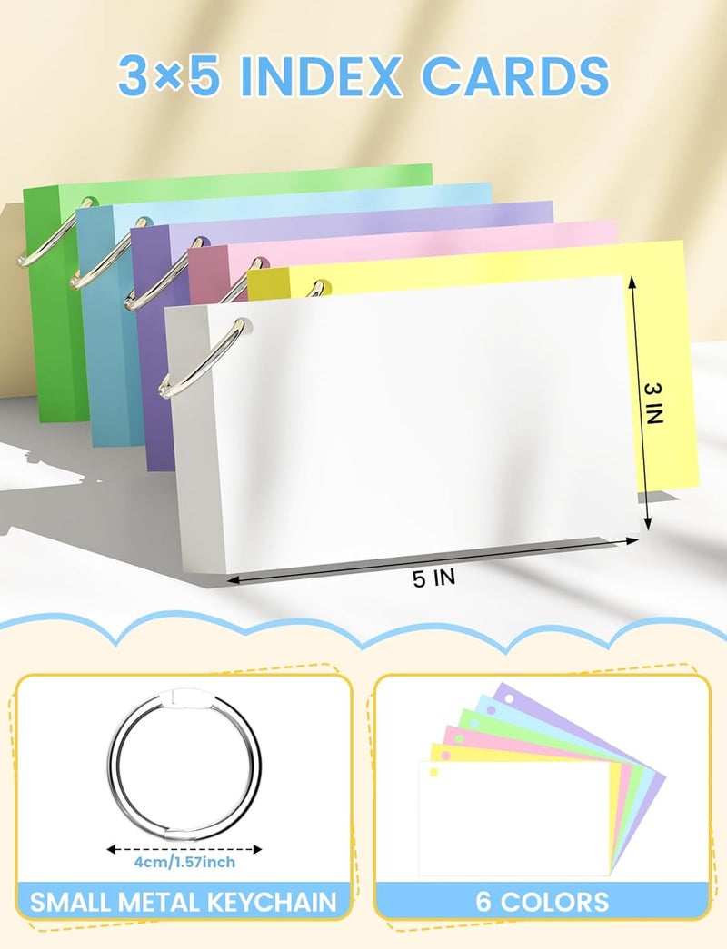AIFLYAN Blank Index Cards with Ring, 600PCS Blank Notecards 3 x 5 Flashcards for Studying，Unruled Flash Note Cards 3 x 5'' Unlined Index Cards Bulk for College Nursing School Supplies,12 Pack of 100, Colored - Image 2